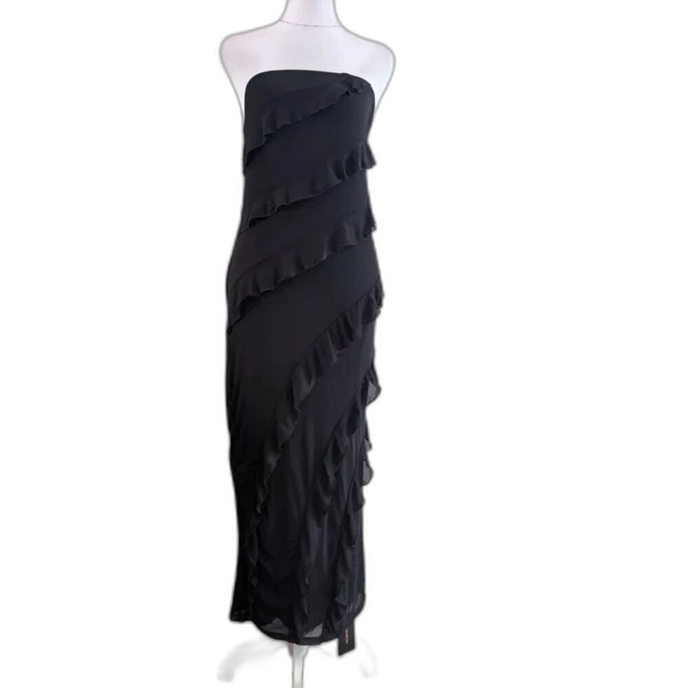 Mesh Black Strapless Ruffle Bodycon Midi Cocktail Party Wedding Guest Dress
